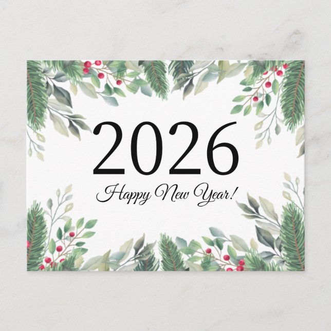 2026 Happy new year,holiday greenery red berries  Postcard (Front)