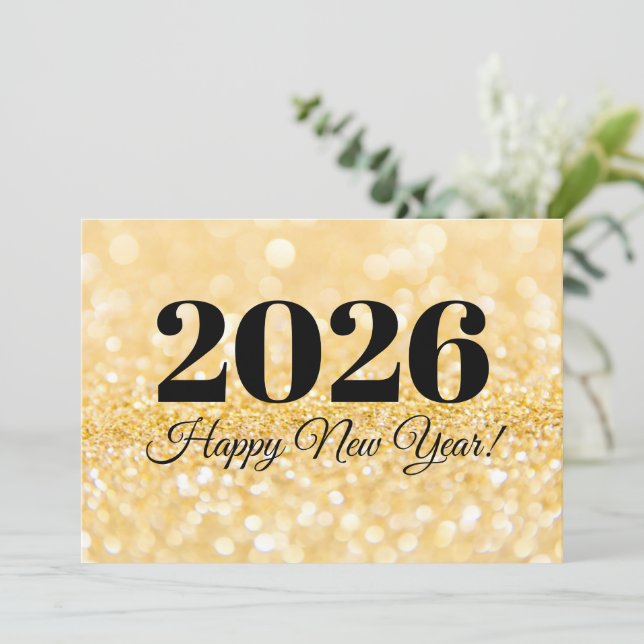 2026 happy new year minimalist gold glitters card (Standing Front)