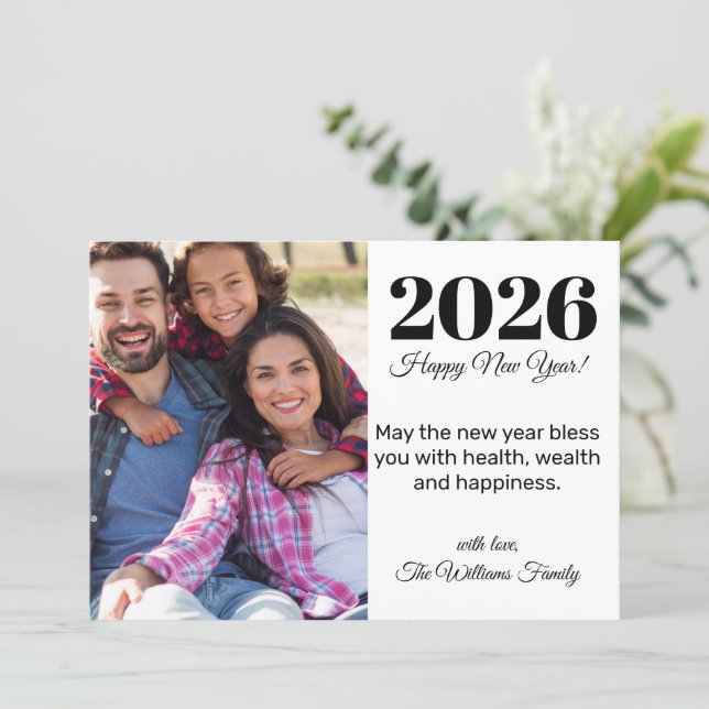 2026 happy new year,modern script, holiday photo card (Standing Front)