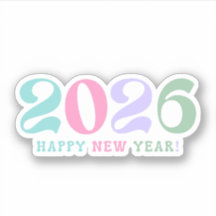 2026 happy new year, retro script pastel colourful