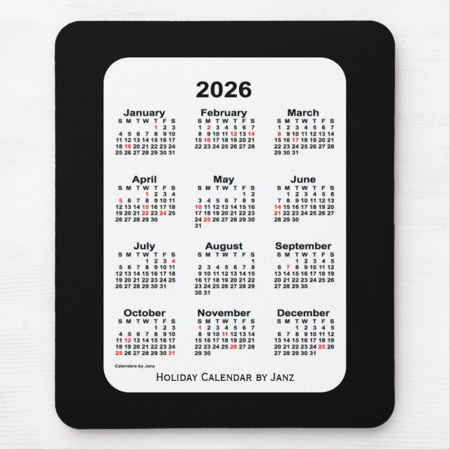 2026 Holiday Two Tone Black Calendar by Janz Mouse Mat (Front)