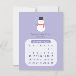 2026 January Monthly Kawaii Motivational Calendar Postcard