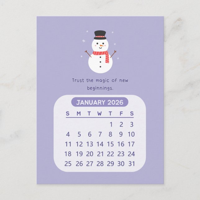 2026 January Monthly Kawaii Motivational Calendar Postcard (Front)