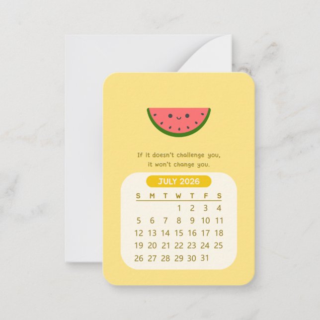 2026 July Monthly Kawaii Motivational Calendar Card (Front)