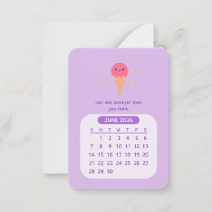 2026 June Monthly Kawaii Motivational Calendar Card