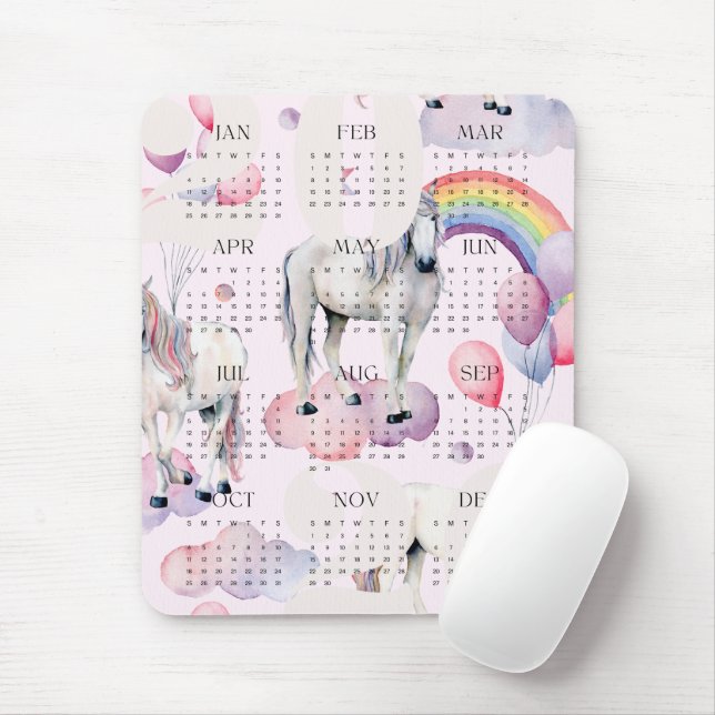 2026 Kids UnicornRainbow Moon Stars Calendar Mouse Mat (With Mouse)