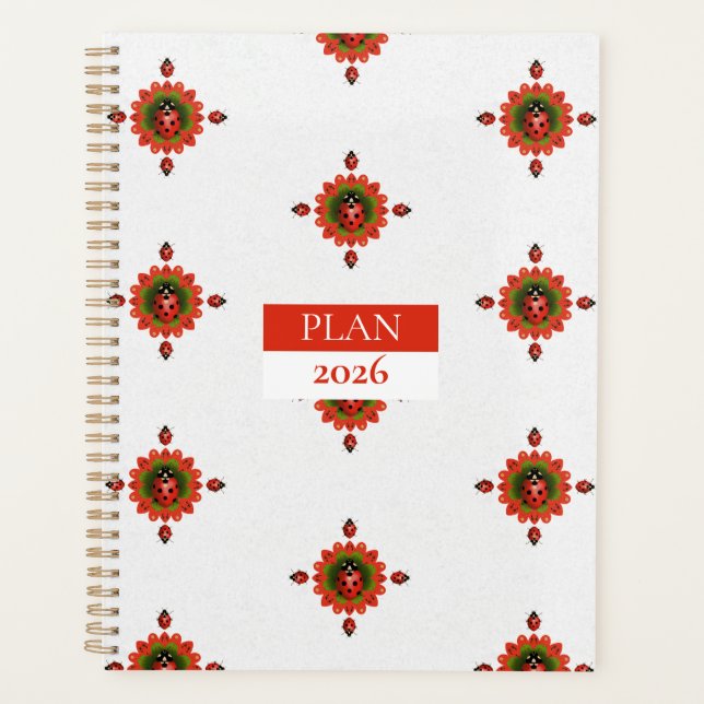 2026 Ladybug Red, White, Green Spiral Planner (Front)