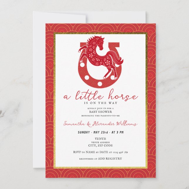 2026 Little Horse Floral Horseshoe Red Baby Shower Invitation (Front)