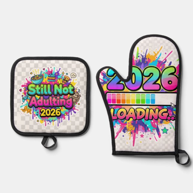 2026 Loading... Progress Bar Sticker Oven Mitt & Pot Holder Set (Front)