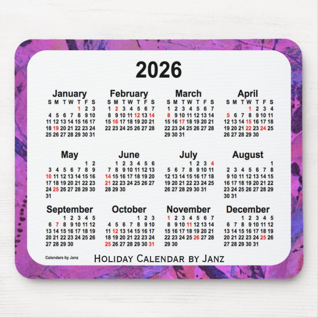 2026 Magenta Holiday Art Calendar by Janz Mouse Mat (Front)
