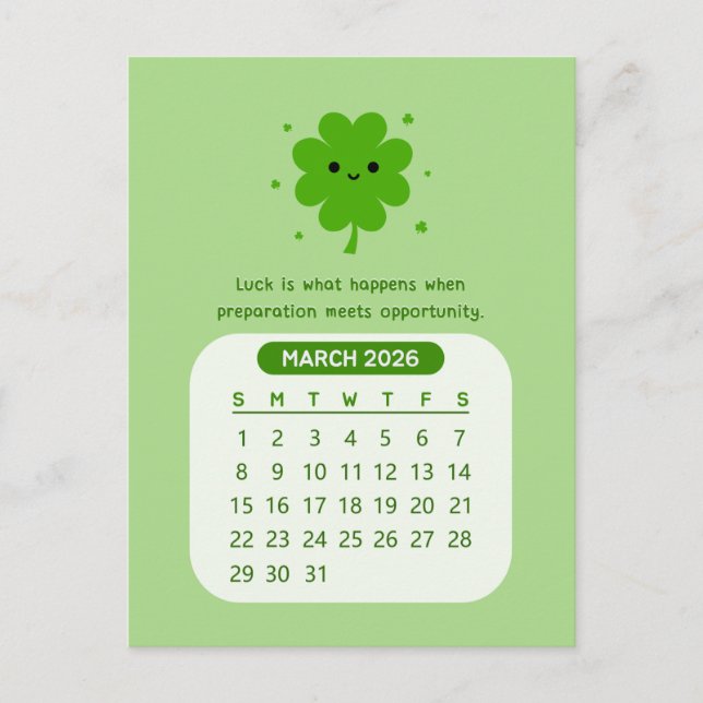 2026 March Monthly Kawaii Motivational Calendar Postcard (Front)