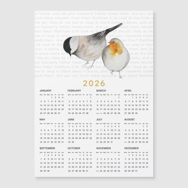 2026 Matthew 6:26 Watercolor Birds Calendar Magnet (Front)