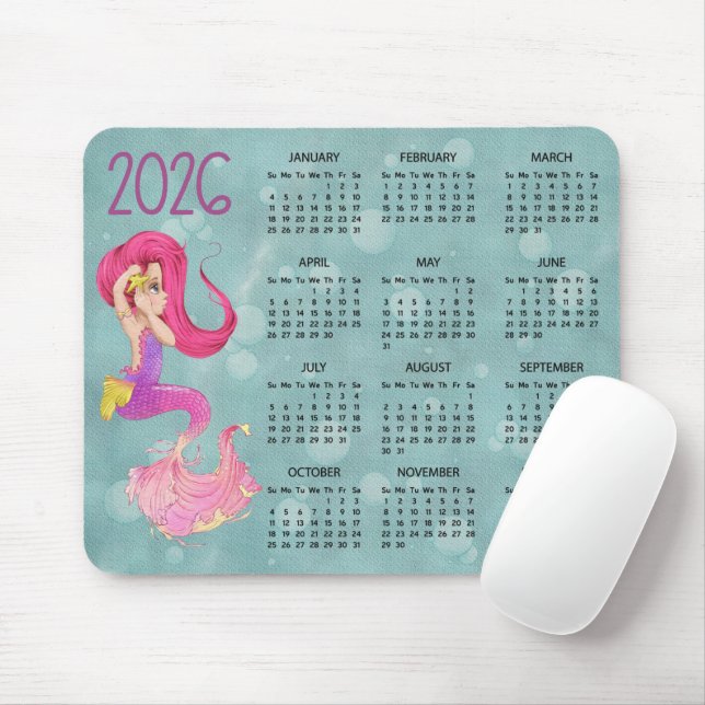 2026 Mermaid Desk Calendar Mouse Pad (With Mouse)