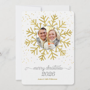 2026 Merry Christmas Golden Snowflake Photo Holiday Card