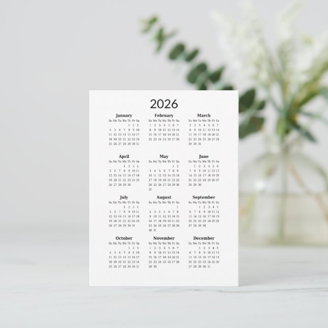 "2026 Minimalist Calendar Postcard (Standing Front)