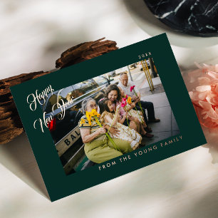 2026 Minimalist Modern Script Green Photo Foil Holiday Card