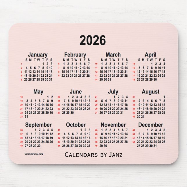 2026 Misty Rose 52 Weeks Calendar by Janz Mouse Mat (Front)