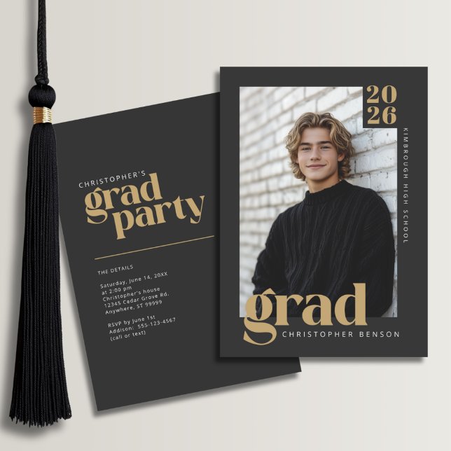 2026 Modern Charcoal Gold Graduation Party Invitation (Front and Back View)