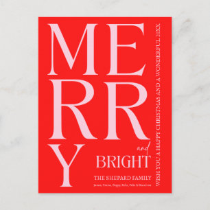 2026 Modern Merry and Bright Red Pink Christmas Holiday Postcard
