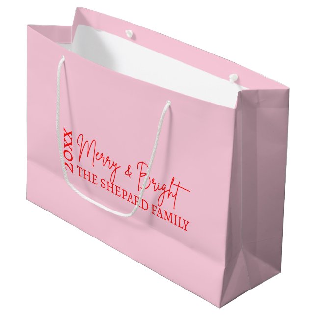 2026 Modern Merry and Bright Red Pink Christmas Large Gift Bag (Front Angled)
