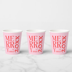 2026 Modern Merry and Bright Red Pink Christmas Paper Cups