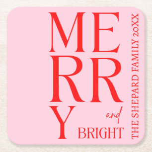 2026 Modern Merry and Bright Red Pink Christmas Square Paper Coaster