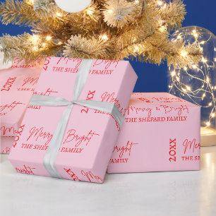 2026 Modern Merry and Bright Red Pink Christmas Wrapping Paper
