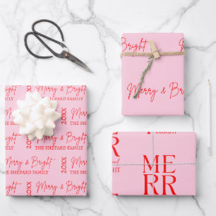2026 Modern Merry and Bright Red Pink Christmas Wrapping Paper Sheet