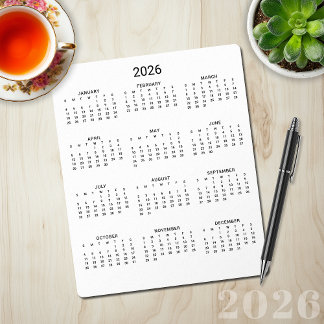 2026 Modern Minimalist Black and White Calendar Mouse Mat