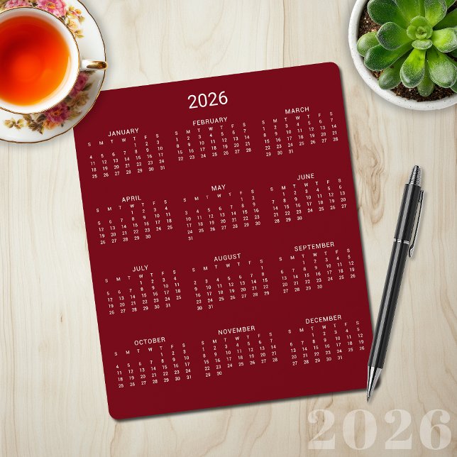2026 Modern Minimalist Burgundy Maroon Calendar Mouse Mat (2026 Modern Minimalist Burgundy Maroon Calendar Mouse Pad)