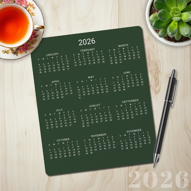 2026 Modern Minimalist Forest Green Calendar Mouse Mat (2026 Modern Minimalist Forest Green Calendar Mouse Pad)