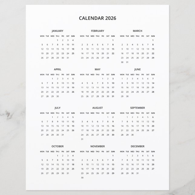 2026 Modern Minimalist Printable Calendar in Black (Front)