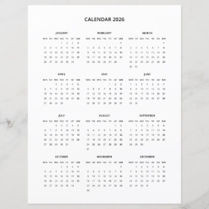 2026 Modern Minimalist Printable Calendar in Black