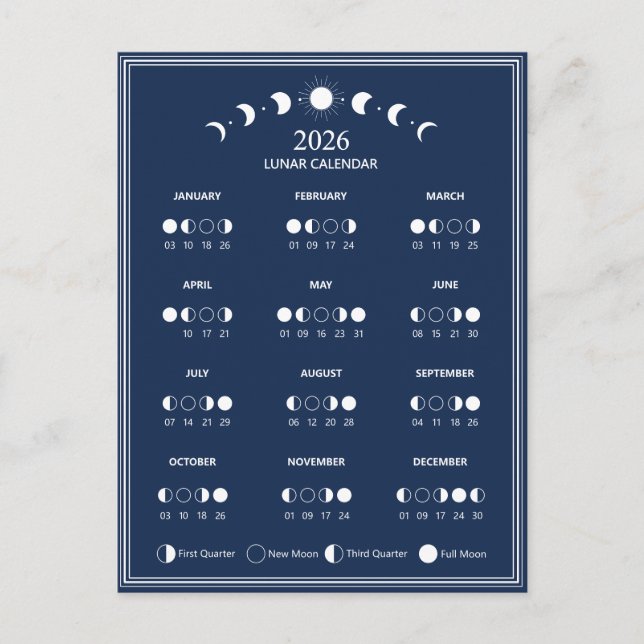2026 Moon Phase Calendar Lunar Cycles Minimalist Postcard (Front)