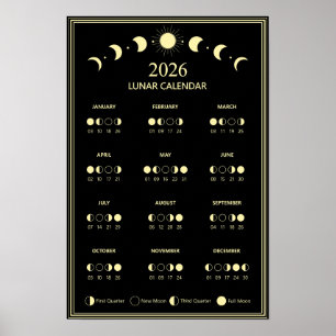 2026 Moon Phase Calendar Lunar Cycles Minimalist Poster