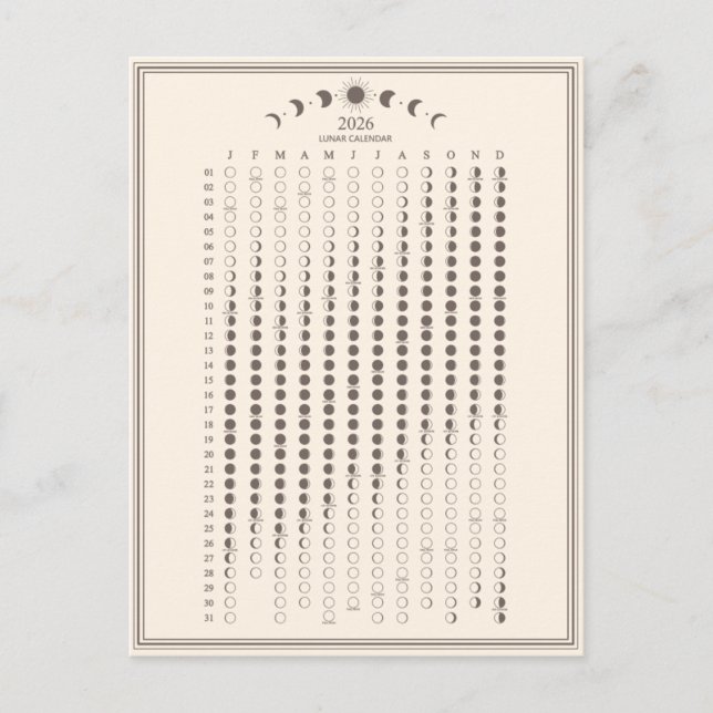 2026 Moon Phase Lunar Cycles Calendar Minimalist Postcard (Front)