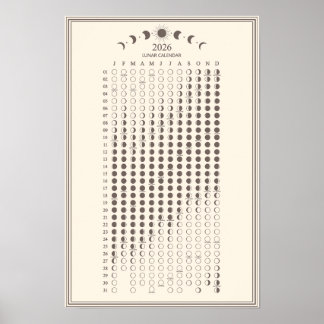 2026 Moon Phase Lunar Cycles Calendar Minimalist Poster