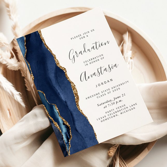 2026 Navy Blue Gold Agate Graduation Invitation (Creator Uploaded)