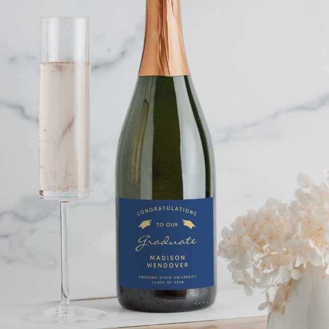 2026 Navy Blue Gold Script Cap Graduation Sparkling Wine Label (Creator Uploaded)