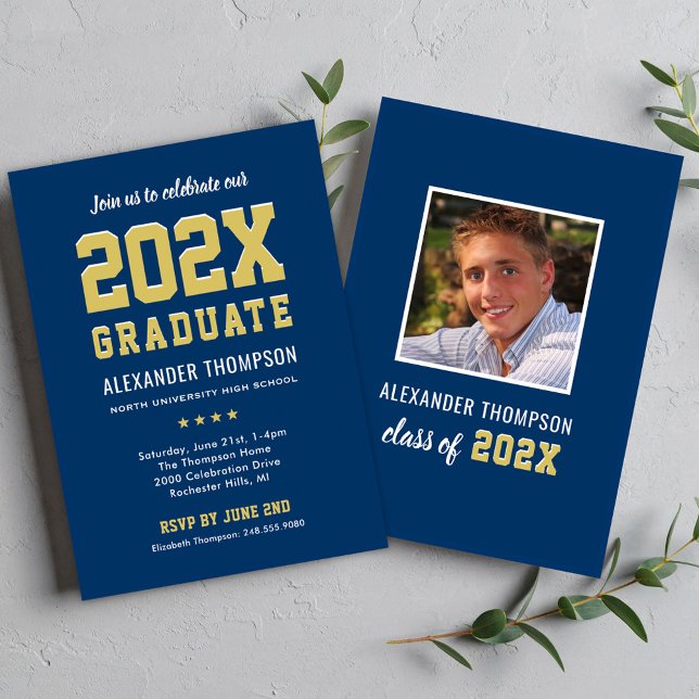 2026 Navy Gold Varsity Graduation Party Photo Invitation (Creator Uploaded)