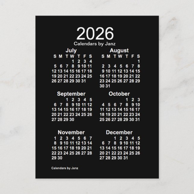 2026 Neon White 6 Month Mini Calendar by Janz Postcard (Front)