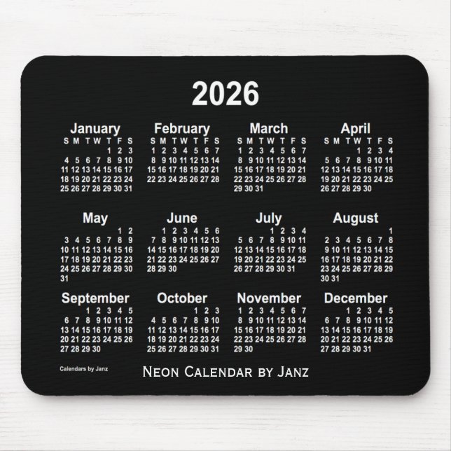 2026 Neon White Calendar by Janz Mouse Mat (Front)