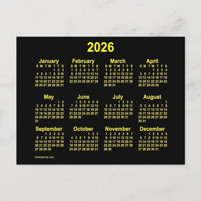 2026 Neon Yellow Mini Calendar by Janz Postcard (Front)