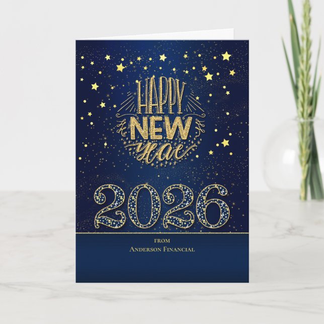2026 New Year Blue and Gold with Name Holiday Card (Front)