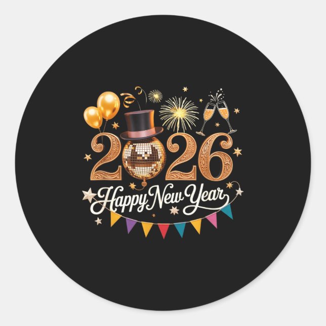 2026 New Year Celebration Disco Ball Gold Festivit Classic Round Sticker (Front)