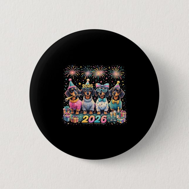 2026 New Year Dachshund Party Fireworks Fun  6 Cm Round Badge (Front)
