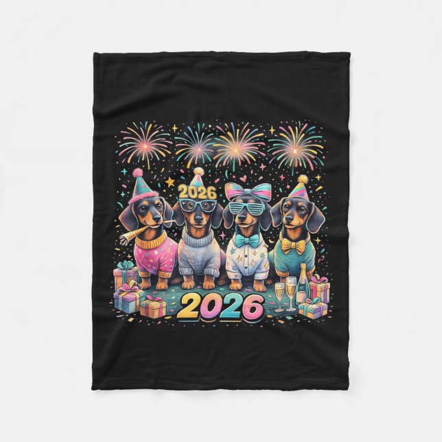 2026 New Year Dachshund Party Fireworks Fun  Fleece Blanket (Front)