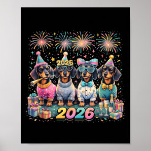2026 New Year Dachshund Party Fireworks Fun Poster