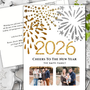 2026 New Year Festive Fireworks Gold Family Photo  Holiday Postcard