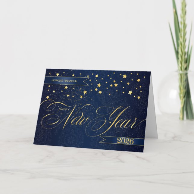 2026 New Year Navy Blue Faux Gold Leaf Stars Holiday Card (Front)